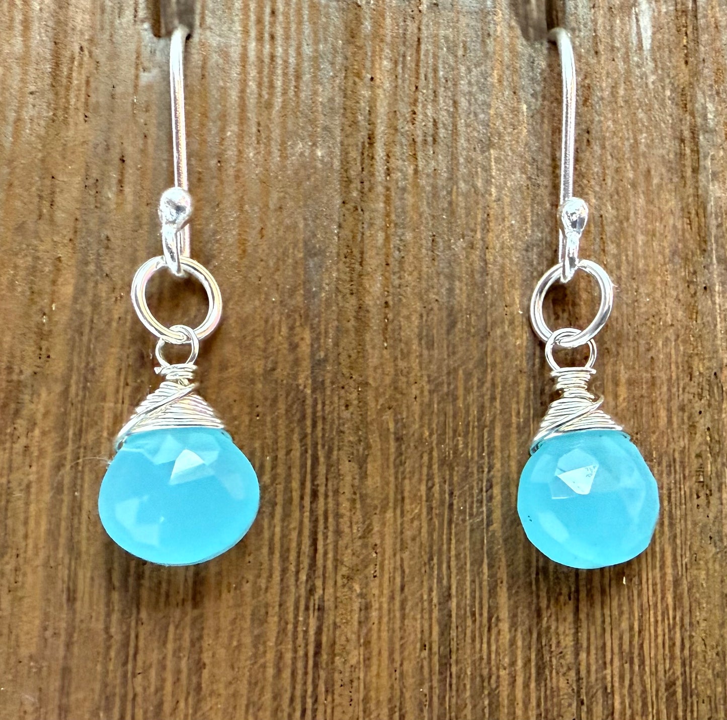 Aqua Blue Chalcedony Gemstones on Sterling Silver French Hook Earrings (Pear Briolette Cut)