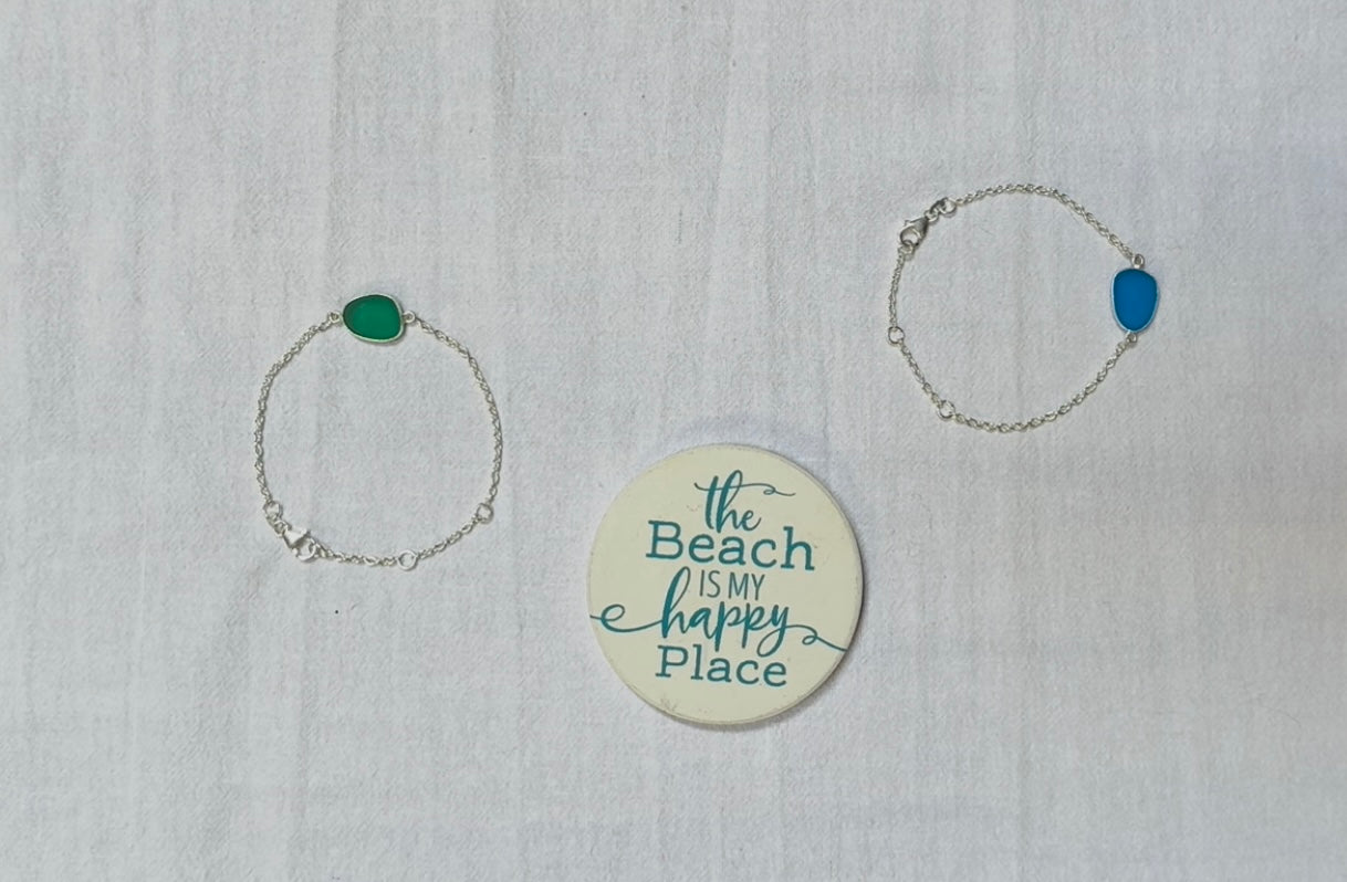 Teal Sea Glass Sterling Silver Bracelet
