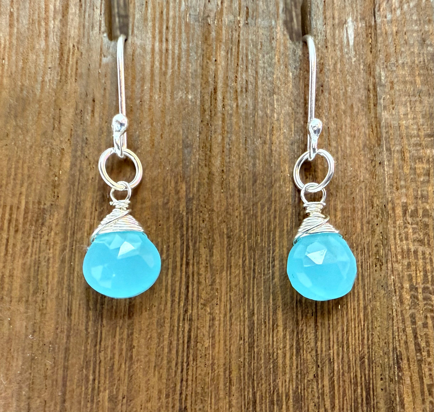 Aqua Blue Chalcedony Gemstones on Sterling Silver French Hook Earrings (Pear Briolette Cut)