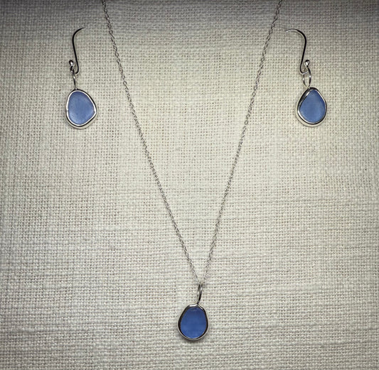 Cornflower Sea Glass Pendant
Necklace with Cornflower Sea Glass French
Hook Earrings Set