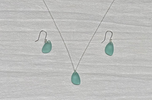 Aqua Sea Glass Pendant Necklace with Aqua Sea Glass French Hook Earrings Set