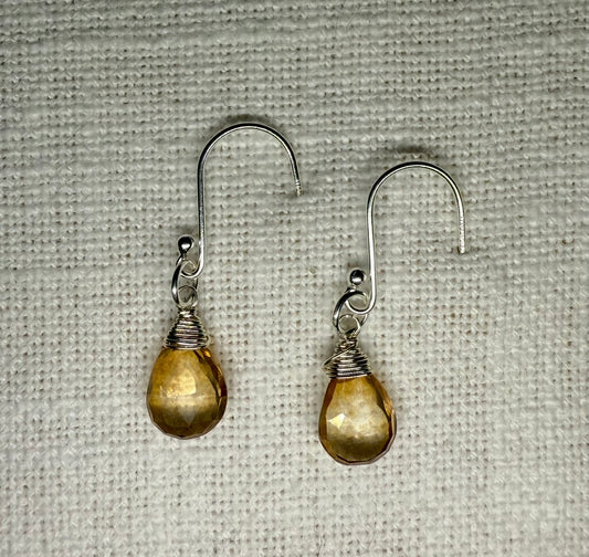 AAA Apricot Quartz Gemstone on Sterling Silver French Hoops (Pear Briolette Cut)
