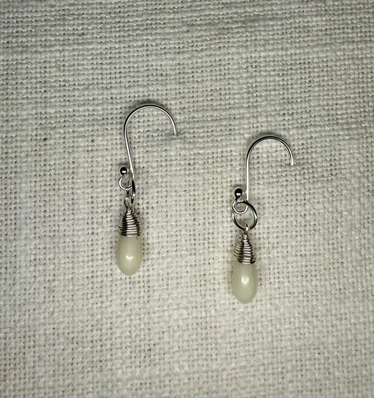 White Coral Smooth Teardrop Gemstone on Sterling Silver French Hook Earrings