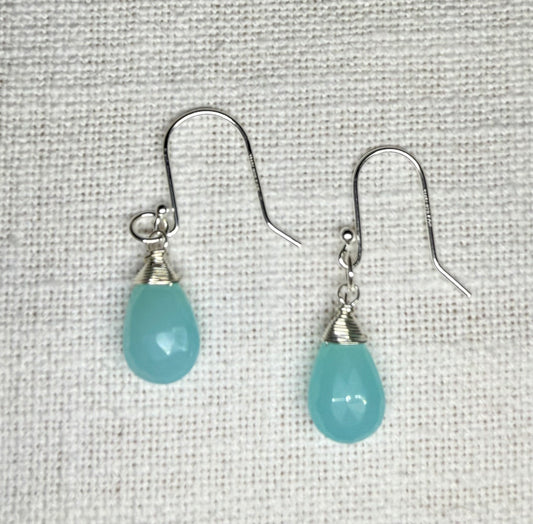 Aqua Blue Chalcedony Gemstones on Sterling Silver French Hook Earrings (Pear Briolette Cut)