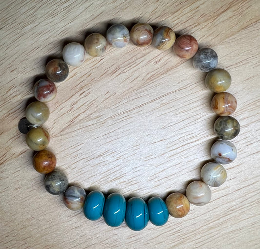 The Hand Blown Blue Glass  Bracelet with Yellow Crazy Lace Agate Bracelet