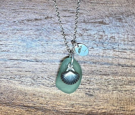 Seafoam Sea Glass, Sea Shell Necklace