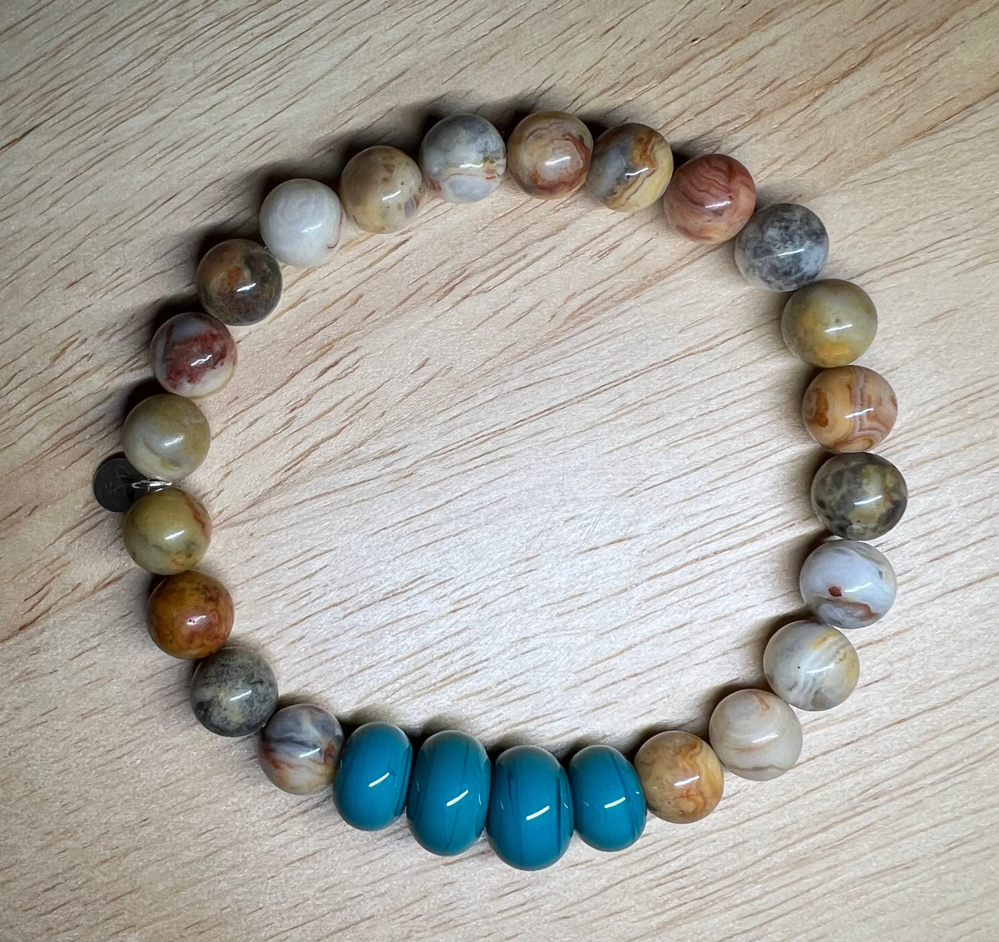 The Hand Blown Blue Glass  Bracelet with Yellow Crazy Lace Agate Bracelet