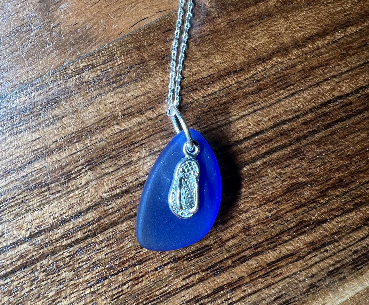 Dark Cobalt Sea Glass, Flip Flop Necklace