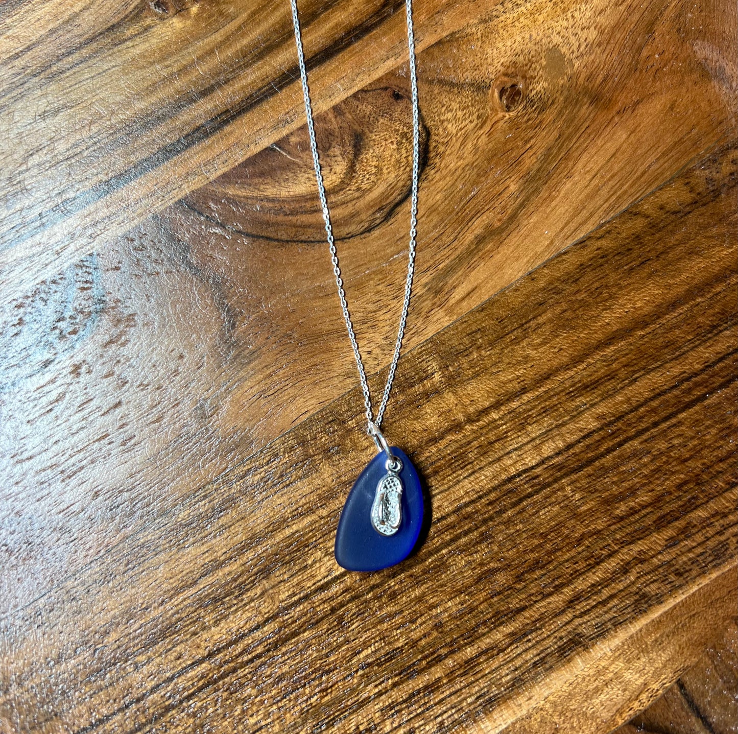 Dark Cobalt Sea Glass, Flip Flop Necklace