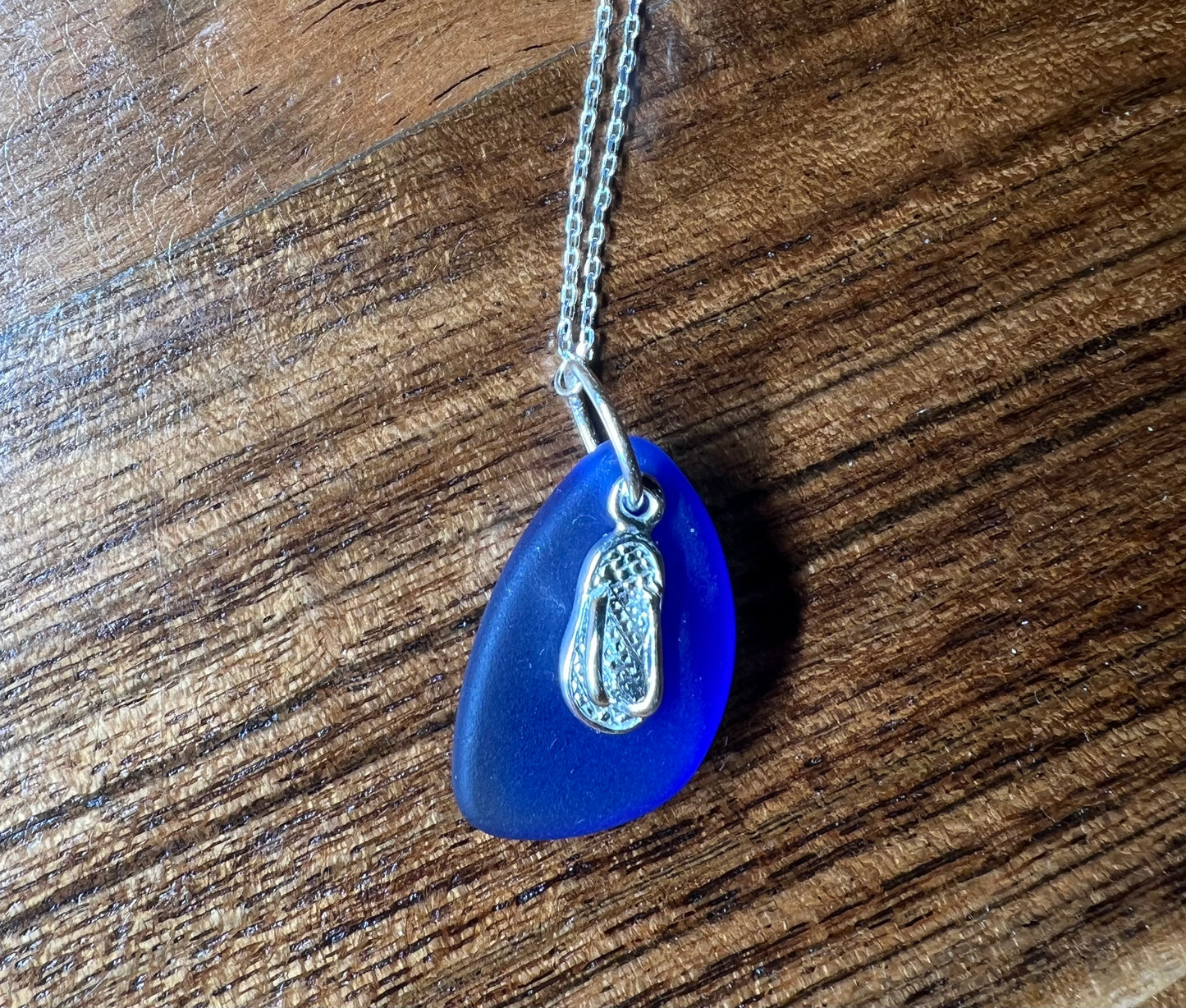 Dark Cobalt Sea Glass, Flip Flop Necklace