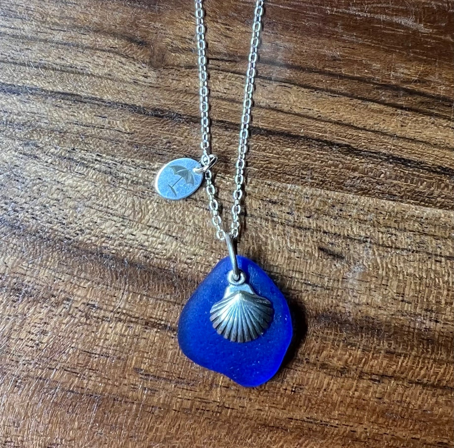 Cobalt Blue Sea Glass, Seashell Necklace