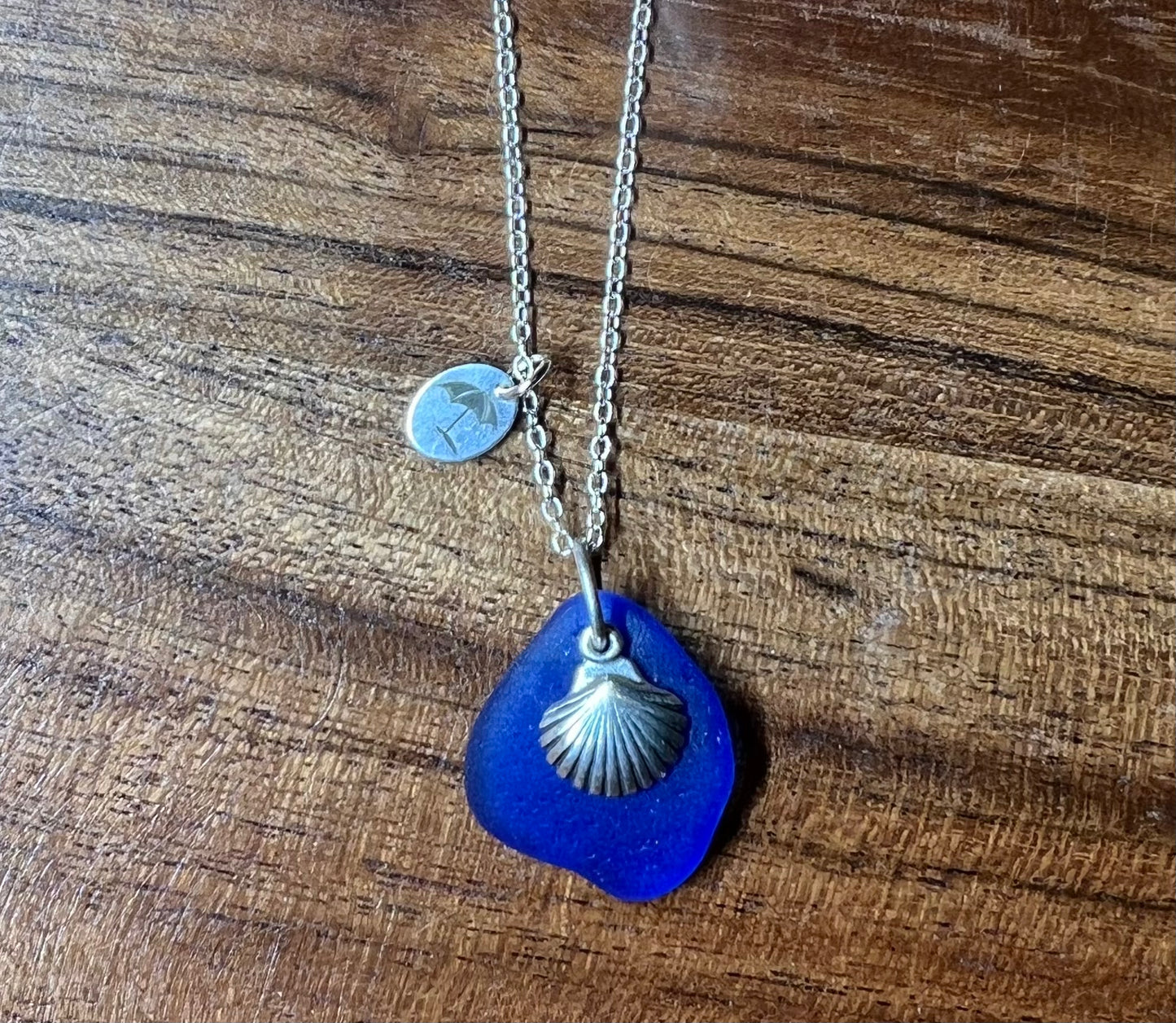 Cobalt Blue Sea Glass, Seashell Necklace