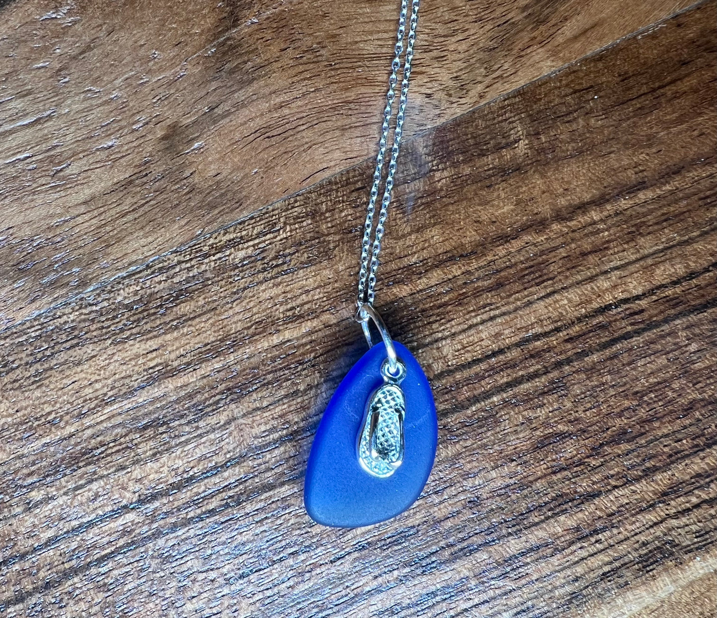 Dark Cobalt Sea Glass, Flip Flop Necklace